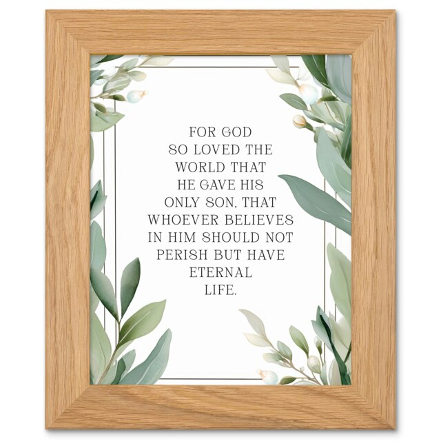 John 3:16 God So Loved the World Bible Verse Art Oak Wood Framed Wall Print