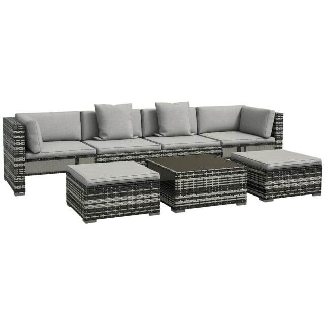 Outsunny 7 PCs Rattan Garden Furniture Set with Side Shelf, Stools, Table, Grey
