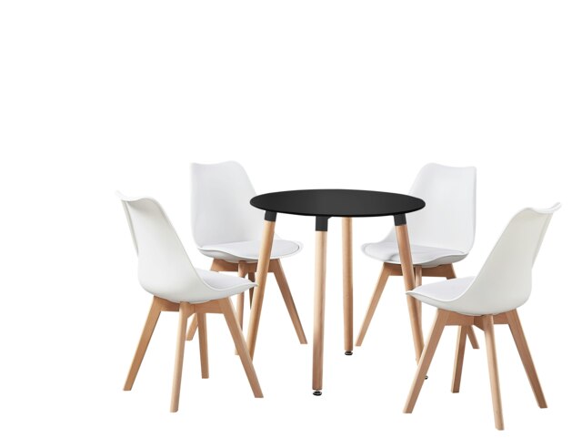 5PCs Dining Set - a Black Round Dining Table & Set of 4 White Lorenzo Tulip chairs with Padded Seat White
