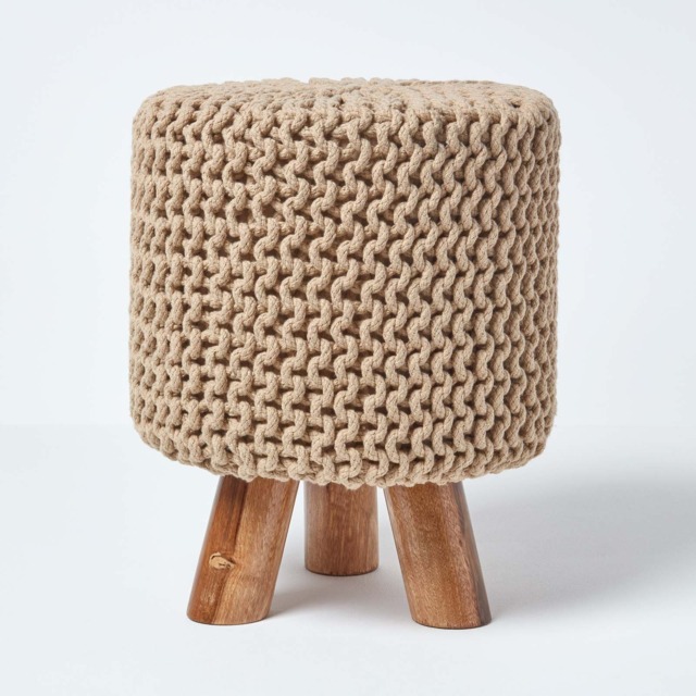 Homescapes Linen Tall Cotton Knitted Footstool on Legs
