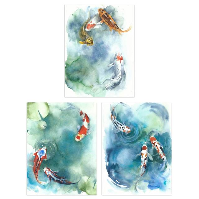 Set Of 3 Watercolour Japanese Koi Carp Fish Pond Bathroom Wall Art Prints 12X16 Inch