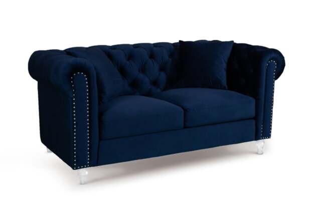 Velvet Navy Blue 2 Seater Chesterfield Sofa With Acrylic Feet CAMDEN