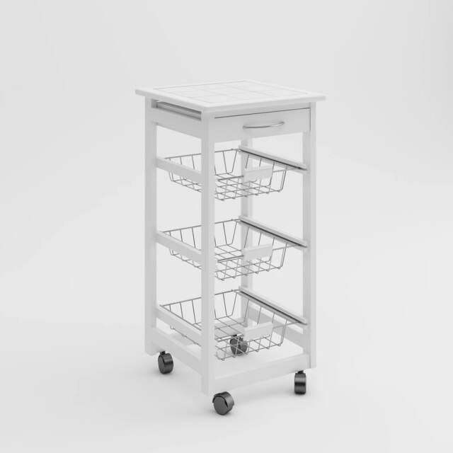 Rolling Kitchen Island Trolley Serving Cart White Tile Top Drawer Shelves Basket White White 1