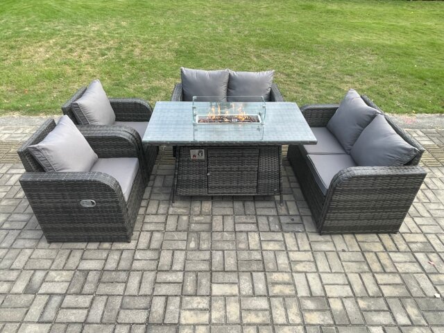 Fimous Rattan Outdoor Garden Furniture Sofa Set Gas Fire Pit Dining Table Gas Heater with Love Sofa Recling Chair 6 Seater Dark Grey Mixed