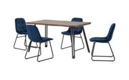 Quebec Wave Edge Dining Set with Lukas Chairs - Medium Oak Effect - Black - Sapphire Blue Velvet Blue Sapphire Blue 5