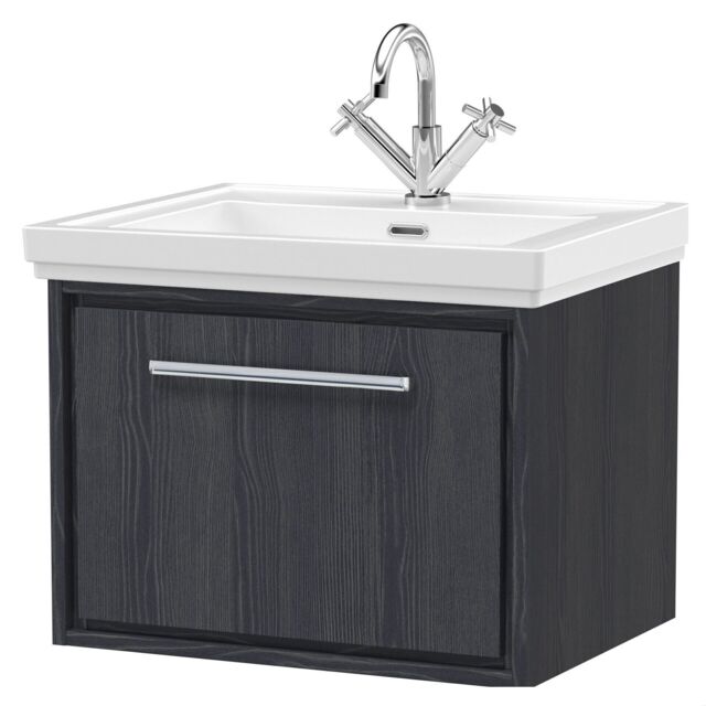 Balterley Longnor 1 Drawer Wall Hung Vanity Unit with 1 Tap Hole Traditional Fireclay Basin, Woodgrain Graphite Grey, 600mm