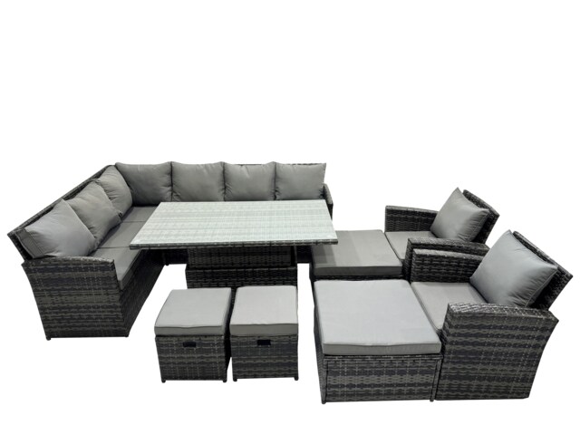 Fimous 12 Seat Poly Rattan Outdoor Patio Height Adjustable Rising Lifting Table Corner Sofa Set with 4 Stool 2 Chairs for Garden Backyard Dark Grey Mixed