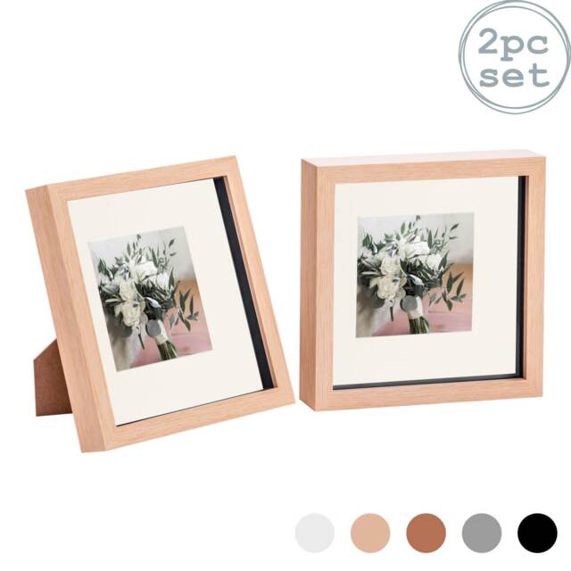 "Nicola Spring 8 x 8"" Photo Frames - Light Wood/Ivory Mount - 3D Picture Frame Box Portrait Display Case (22.5 x 22.5cm) Set of 2"