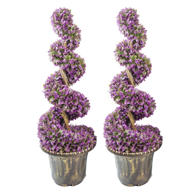 90cm Pair of Purple Large Leaf Spiral Topiary Trees with Decorative Planters Purple 3ft