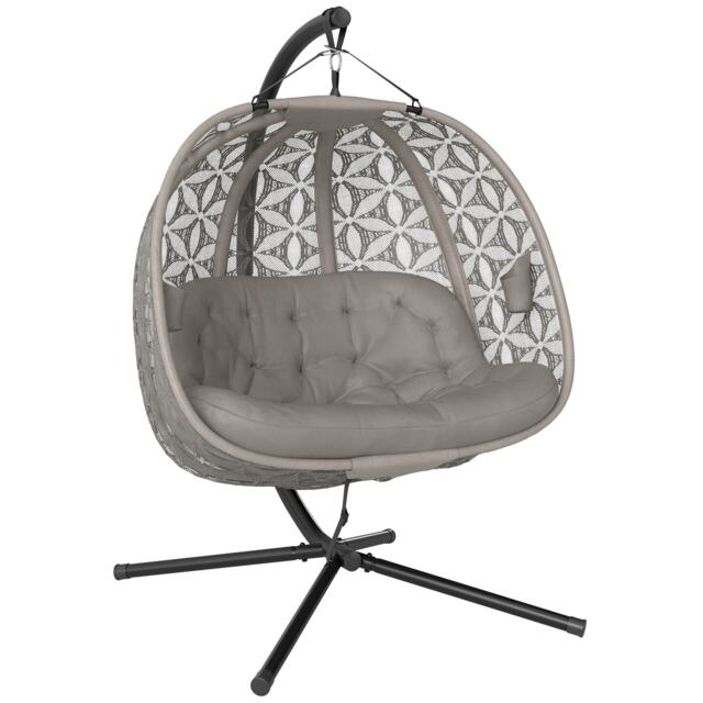 Outsunny Double Hanging Swing Chair w/ Stand & Cup Holders, Brown Brown
