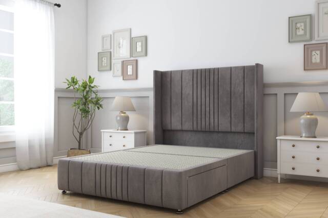 Sloomy Hargrave Slate Naples Divan Bed Base No Drawers With 54 Inch Wingback Headboard & 12 Inch Matching Footboard Grey Slate King 1