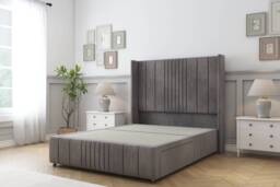 Sloomy Hargrave Slate Naples Divan Bed Base No Drawers With 54 Inch Wingback Headboard & 12 Inch Matching Footboard Grey Slate King 1