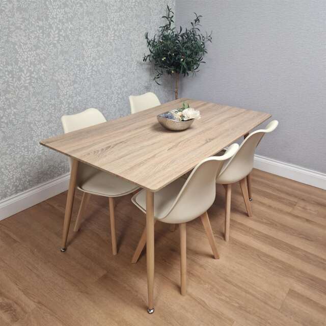 KOSY KOALA 4 Seater Modern Dining Table 140cm with Wood Effect Metal Leg and 4 Cream Chairs for Kitchen & Dining Room Furniture Set