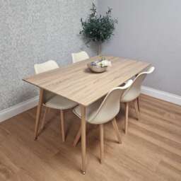 KOSY KOALA 4 Seater Modern Dining Table 140cm with Wood Effect Metal Leg and 4 Cream Chairs for Kitchen & Dining Room Furniture Set