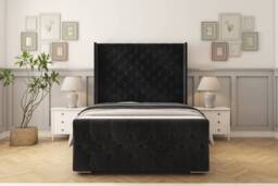 "Sloomy Luthor Black Naples Bed Frame With Mattress With 50"" Upholstered Wingback Headboard 4'6 Double"