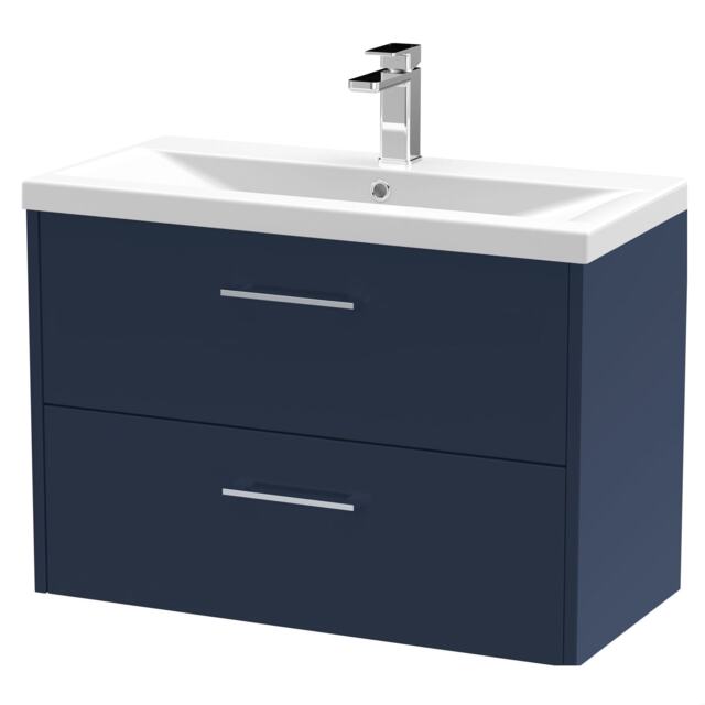 Balterley Winshill Contemporary 2 Drawer Wall Hung Vanity Unit with Mid-Edge Basin, Dark Blue, 800mm