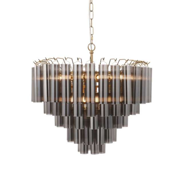 Toulouse Pendant Ceiling Light Satin Brass Plate, Smokey Grey Lustre Glass, 12x G9