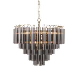 Toulouse Pendant Ceiling Light Satin Brass Plate, Smokey Grey Lustre Glass, 12x G9