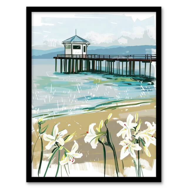 Scottish Beach Pier Lily Wildflowers Living Room Black Framed Wall Art Print A4