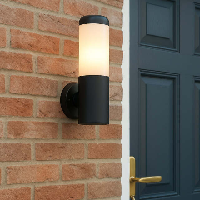 CGC Humera Round Cylinder Black Outdoor Wall Light Black Black Height: 29.6 cm, Width: 13.4 cm, Top Diameter: 9.1 cm, Base Plate Diameter: 11 cm