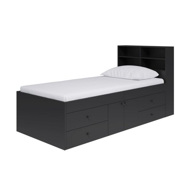 3 Feet Captainâ€™s Cabin Single Bed with Bookcase Headboard - L214 x W96 x H100 cm - Black - Assembly Required