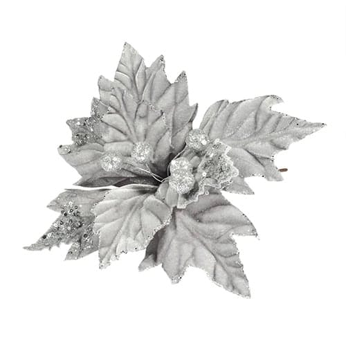 Silver Velvet Christmas Poinsettia with Glitter Detail Artificial Flower Decoration 40cm