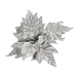 Silver Velvet Christmas Poinsettia with Glitter Detail Artificial Flower Decoration 40cm