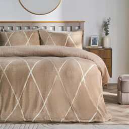 OHS Diamond Check Teddy Fleece Bedding Set Winter Duvet Cover with Pillowcase Brown Natural Double