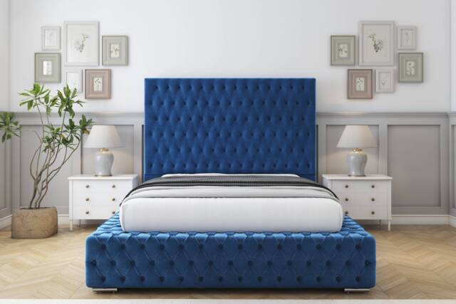 "Sloomy Ambassador Navy Plush Bed Frame With 50"" Upholstered Headboard 6' Super King"