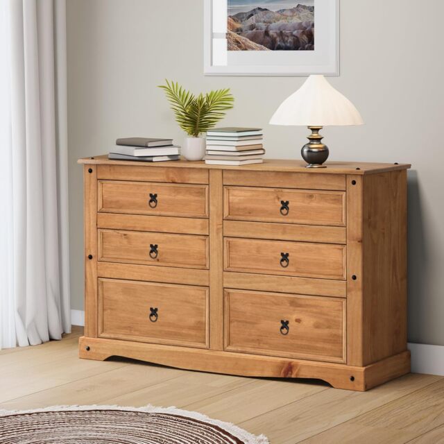 Mercers Furniture Corona Low 3+3 Wide Chest of 6 Drawers Sideboard Solid Wood Pine Wooden with Mexican Styling