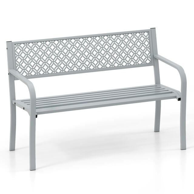 COSTWAY Outdoor Garden Bench Metal Patio Loveseat-Gray Grey
