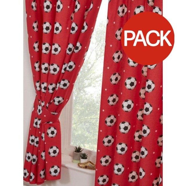 Lined Football Curtains (Pack of 2) - Red/Black/White - 138cm x 168cm Red