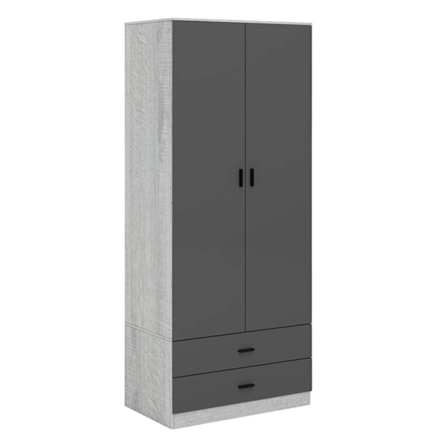 2-Door 2-Drawer Wardrobe with Storage Shelf, and Hanging Space - 180x75x46cm Grey Ash Grey & Black 1