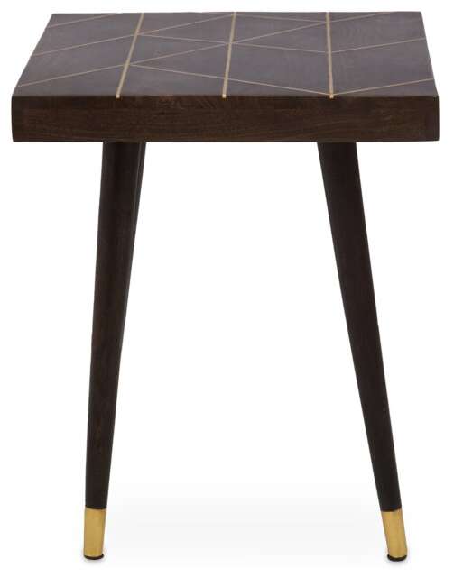 Orsina Mango Wood And Gold Tip Legs Side Table, Modern Square Wooden Side Table With Brass Inlay