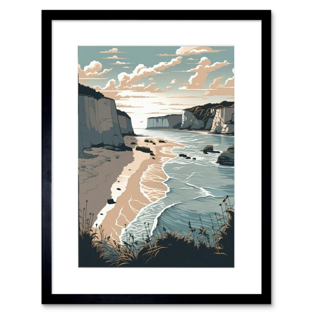 "Bay Cliffs Pastel Colour Coastal Landscape 9x7"" Black Framed Wall Art Print"