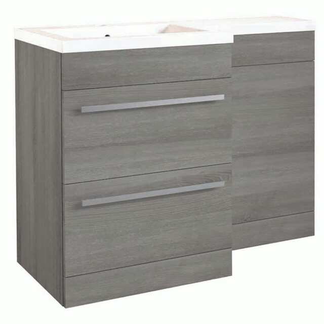 Bathroom Right Handed 2 Drawer Combination Unit with L Shape Basin 1100mm Wide (Nexus) - Silver Oak - Brassware Not Included Brown Brown 1