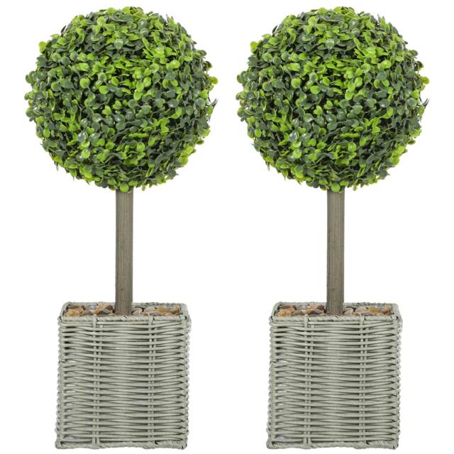 HOMCOM Set of 2 Artificial Plants, 50cm Faux Boxwood Topiary Balls, Green Green Green