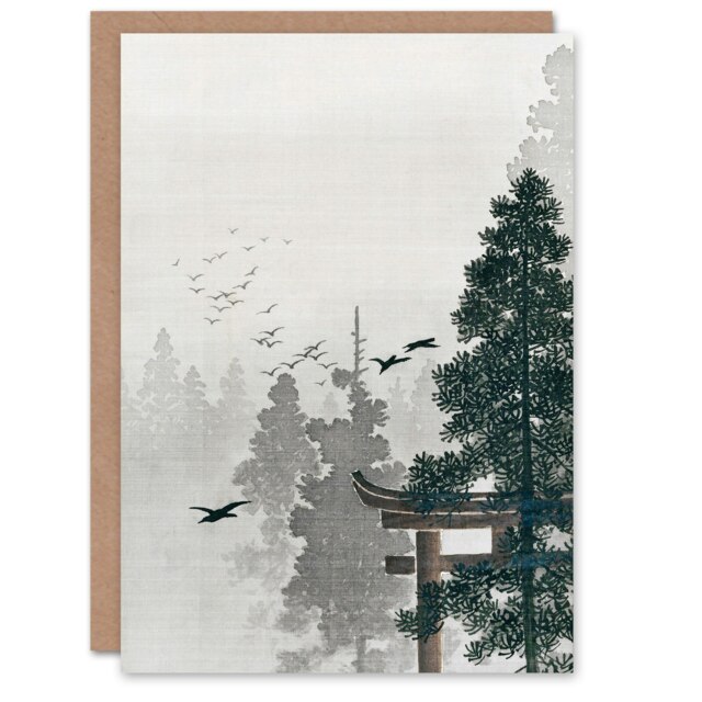 Ohara Koson Art Card Flock Of Birds And A Torii Gate