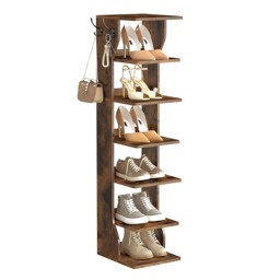 Slim 6 Tier Shoe Rack, Narrow Freestanding Shoe Storage Organiser for Hallway and Entryway, Rustic Brown