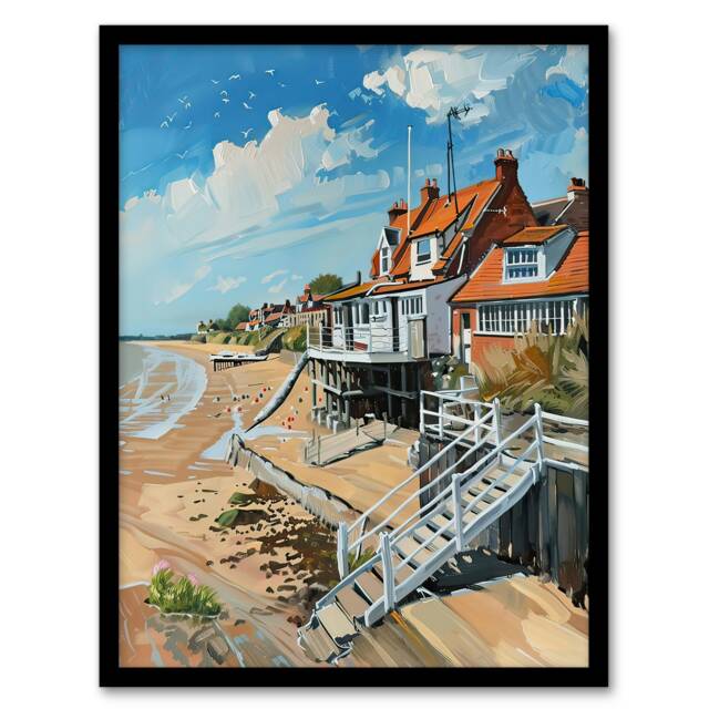Frinton On Sea Beach Houses Seaside Oil Black Framed Wall Art Print A4