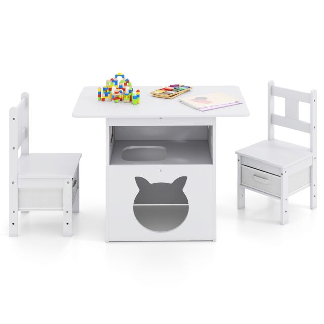 COSTWAY Kids Table and Chairs Set with Cat House White