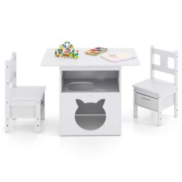 COSTWAY Kids Table and Chairs Set with Cat House White