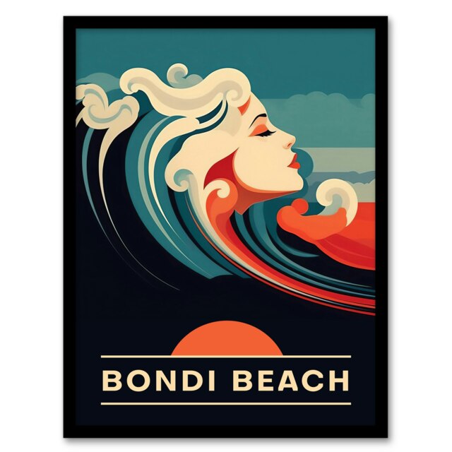 Bondi Beach Australia Sunset Woman Waves Sea Black Framed Wall Art Print A4
