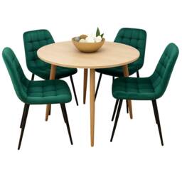Modern Round Dining Table Set With 4 Green Velvet Chairs Dining Room Furniture
