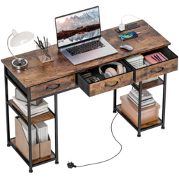 HOMCOM Computer Writing Desk with Power Outlets, Drawers, Shelves, Brown