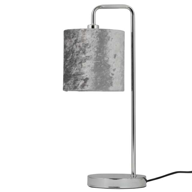 Chrome Arched Table Lamp with Grey Crushed Velvet Shade Chrome Grey Large 1