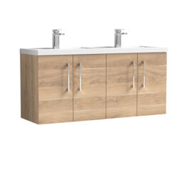 Balterley Level Wall Hung 4 Door Vanity Unit & Double Basin for Modern Bathroom Storage Brown Bleached Cuneo Oak