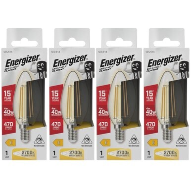 Energizer LED Filament Candle E14 470lm 4W 2700K (Warm White) Light Bulb - Pack of 4