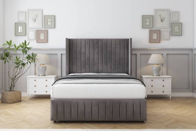 "Sloomy Marlborough Slate Naples Divan Bed With Mattress 2 Drawers Footend With 54"" Wingback Headboard & 12"" Matching Footboard 5' King Grey Slate King 1"