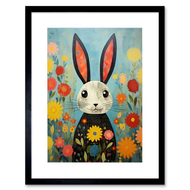 "Funny Bunny Modern Floral Rabbit Animal Nursery 9x7"" Black Framed Wall Art Print"
